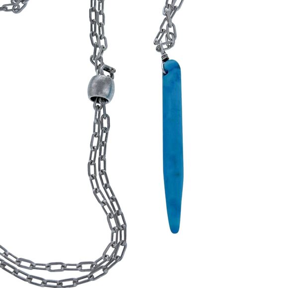 Vintage Silver Tone Blue Synthetic Turquoise Spike Pendant Slider Necklace - Picture 3 of 5